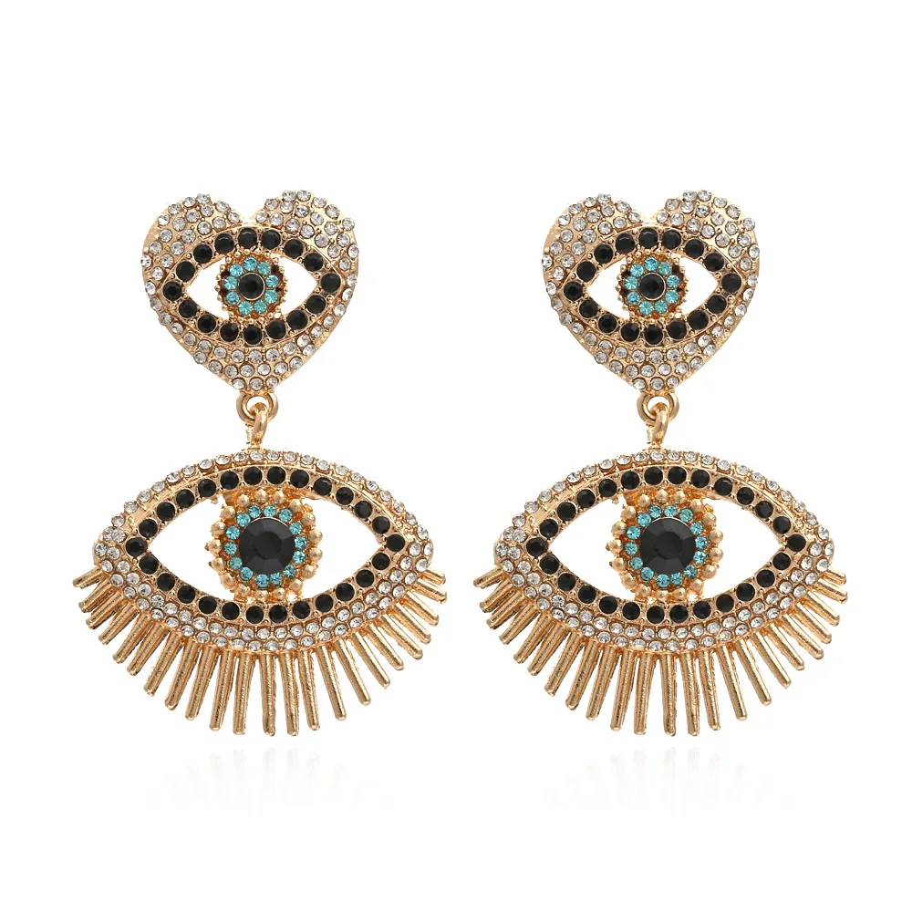 

Fashion Hollow Heart Shaped Eye Earrings Exaggerated Alloy Diamond Devil's Eye Earrings 2021, Like picture