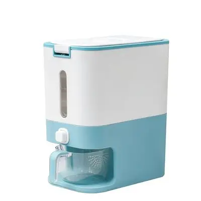 

T185 Household Rice Bucket Storage Box 12kg Moisture-Proof Metering Cylinder Automatic Grain Rice Storage Tank Cereal Dispenser, Gray,blue