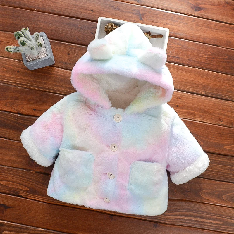 

Baby Toddler Girls Winter Fleece Coat Kids Faux Fur Jacket with Hood Thicken Outwear Warm Rainbow Big Pocket Overcoat