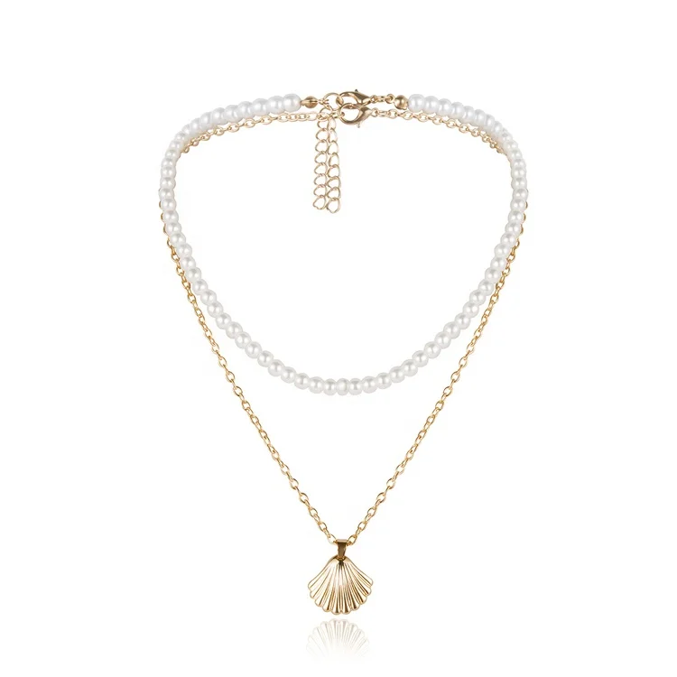 

Hot sale personalized scallop handmade beaded necklaces feminine pearl shell double layer suit necklace, Picture shows