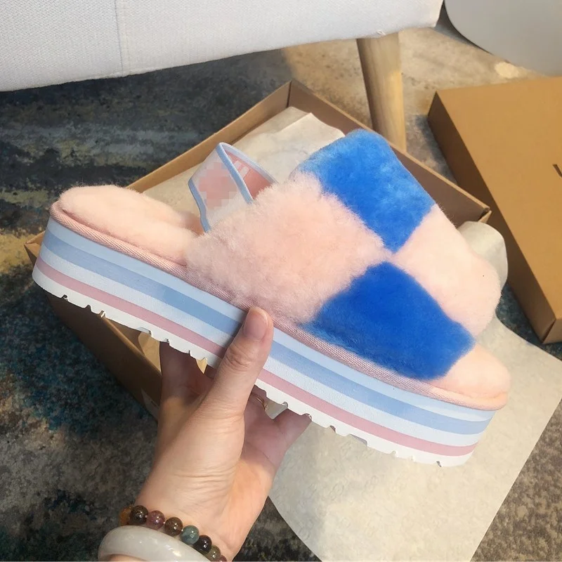 

Real Wool Fur Slippers New Style Fashion Women Cross Wool Winter Warm Slides, Mix color or single color
