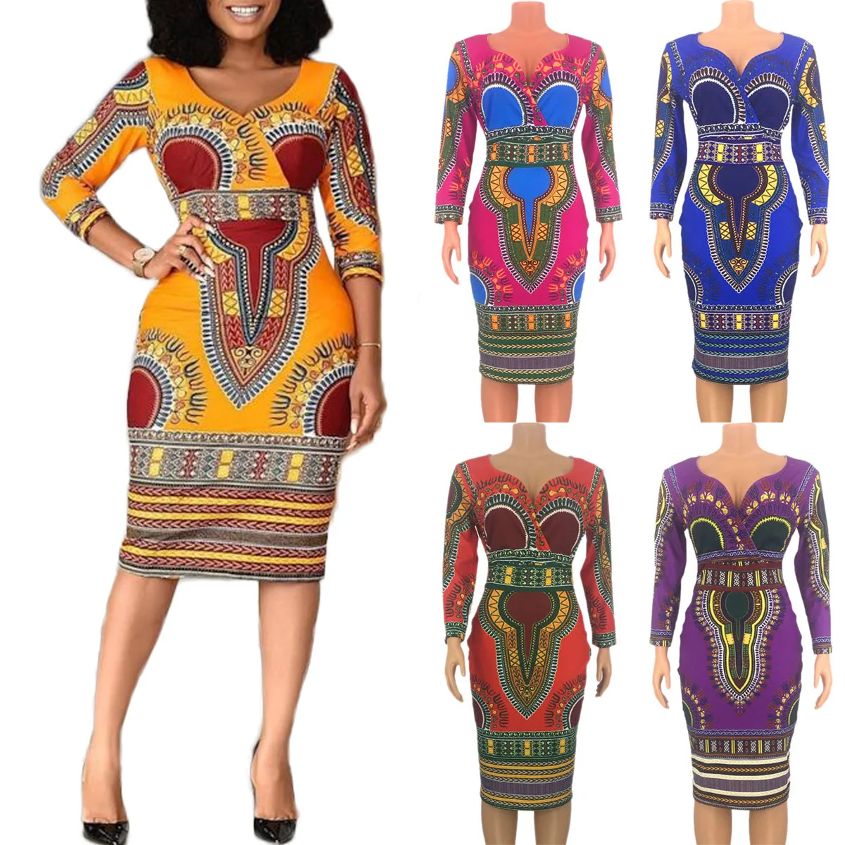 

African Ladies Dresses Elegant Wrist High Waist V Neck Vintage For Work Office Business Fashion Slim Midi Dress 2021