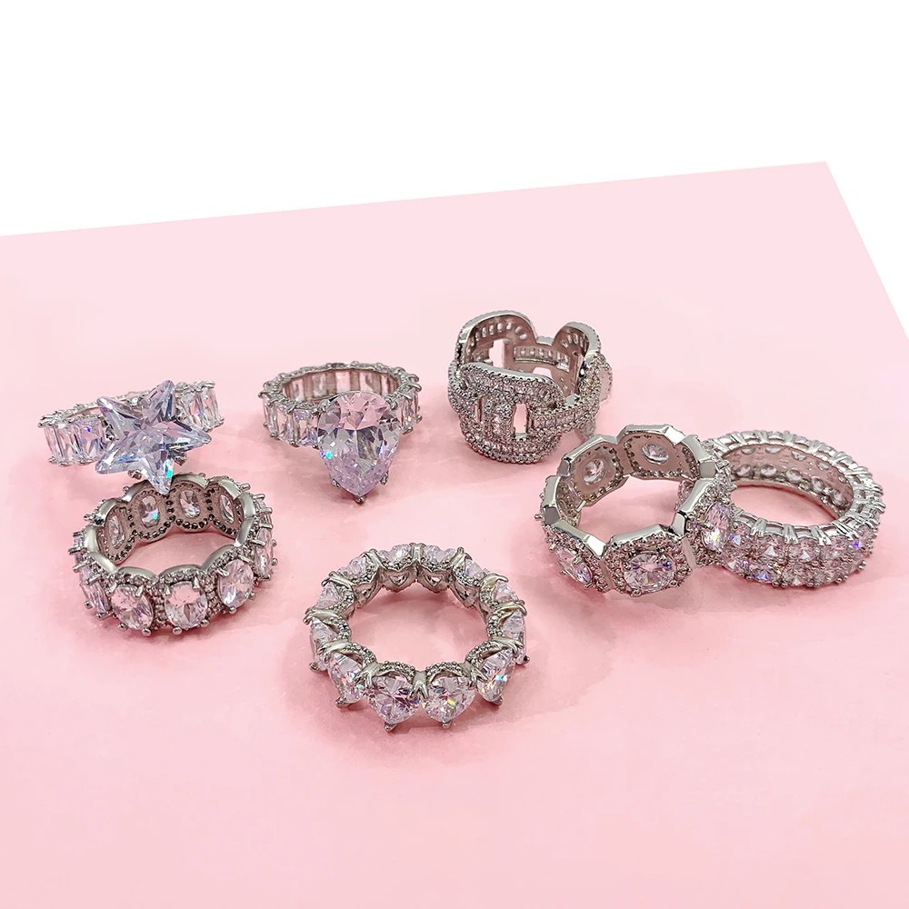 

2022 hot sale fashion jewelry sets women silver pink hip hop heart rings