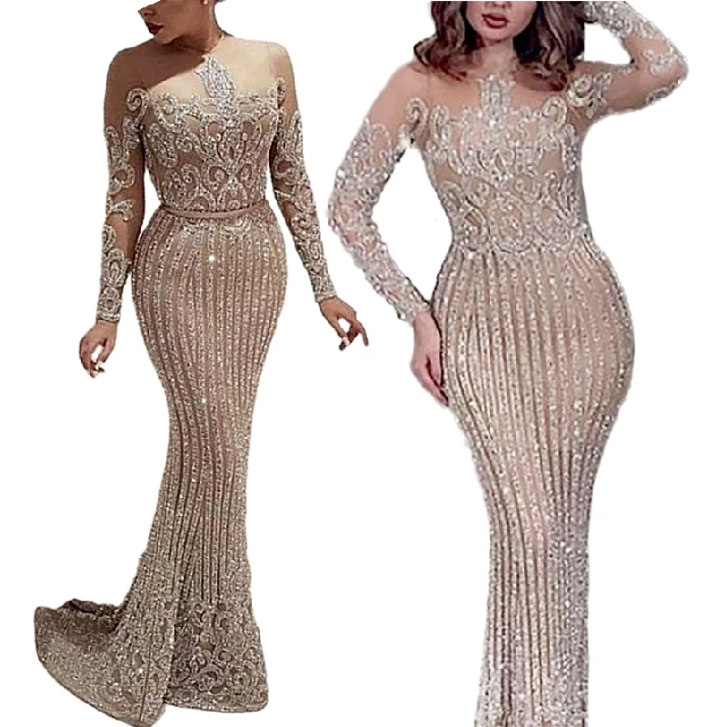 

YQY86213 New Temperament Slim Fishtail Solid Color O Neck Hip Wrap Long Sleeve Dress Banquet Sequin Evening Dresses Prom Dresses