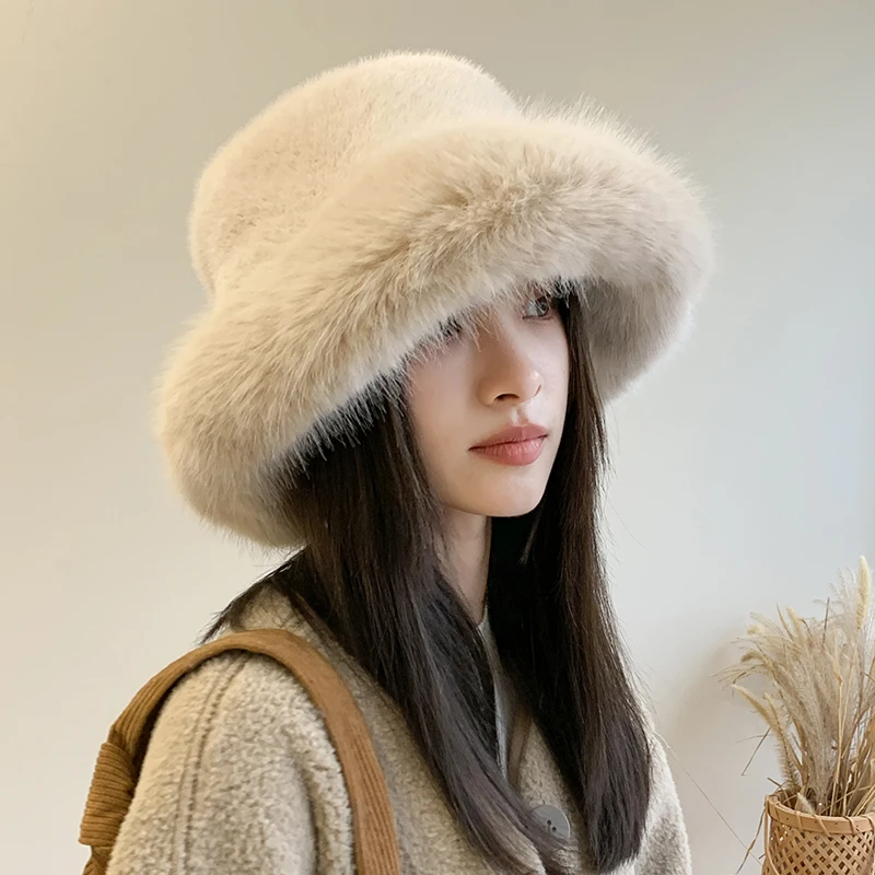 

Fashion Faux Fur Bucket Hats For Women Winter Warm Faux Fur Fluffy Plush Fisherman Caps Outdoor Ski Warm Hat