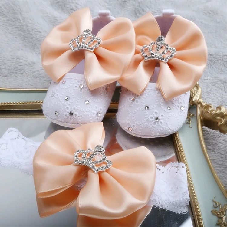 

Latest Custom Beautiful Girl Princess Dress Shoes First Step Baby Toddler Walker Shoe and Headband Set