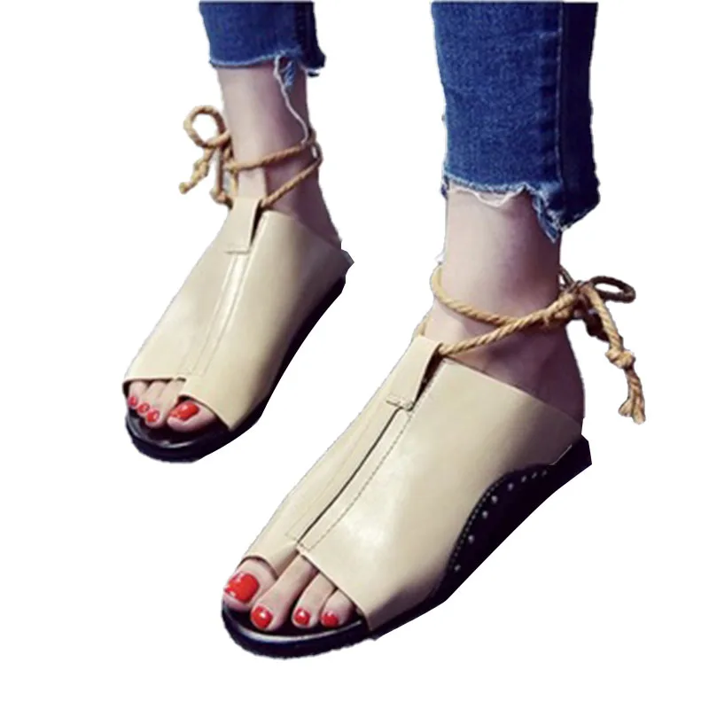 

2019 Summer Women Flat Lace up PU Sandals Plus Size Beach Slipper