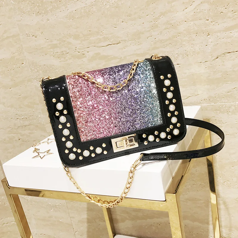 

Factory direct new trendy Korean style designer bag peal decoration colorful golden silver chic women handbag shoulder bag