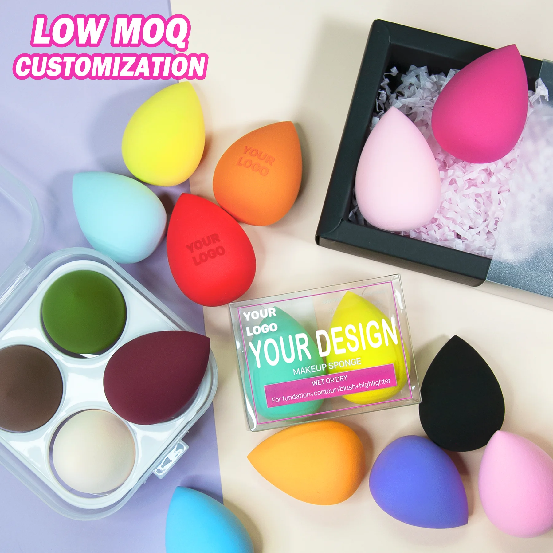 

Low MOQ Private Label Custom Logo Cosmetic Make Up Sponge Box Set Makeup Sponge Gift Foundation Sponge Set, Customized color