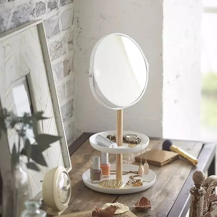 

Hot Selling Portable Beauty Desktop Wooden Vanity Mirror With Dual Tray