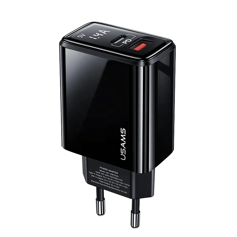 

USAMS CC133 Trending Products 2021 New Arrivals QC3.0 PD Digital Display Type-C USB 20W Fast Charger, Black