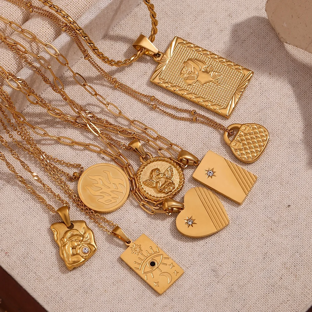 

Vintage Jewelry Gold Plated Pendant Necklace Engraved Stainless Steel Jewelry Necklaces Set