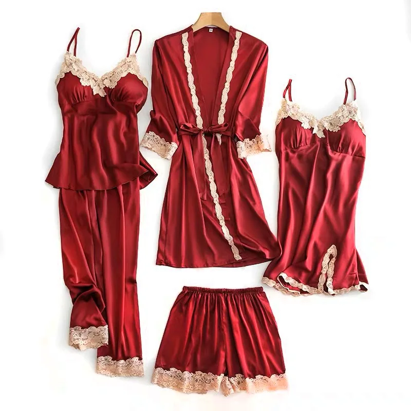 

Wholesale Women Lace Sleepwear Elegant Silk Satin Pajamas 5 Pieces Set, 4 colors