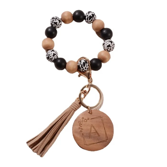 

Free Shipping New Gift Monogram Disc Wood Beaded Keychain Letter Bracelet Keychains, 24 colors