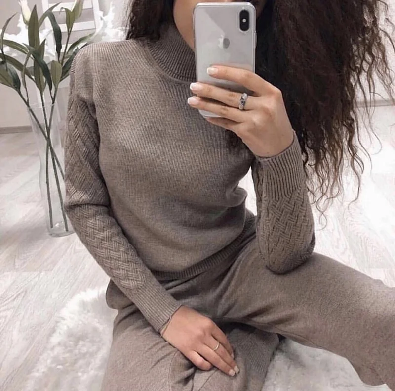 

B14347A Factory wholesale Women stylish Leisure knit sweater trousers women Casual sweater set