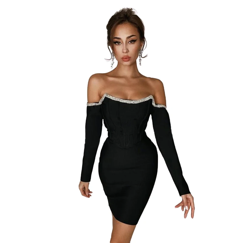 

C1013 high quality dress evening beaded black long sleeve bandage dress for fashion lady