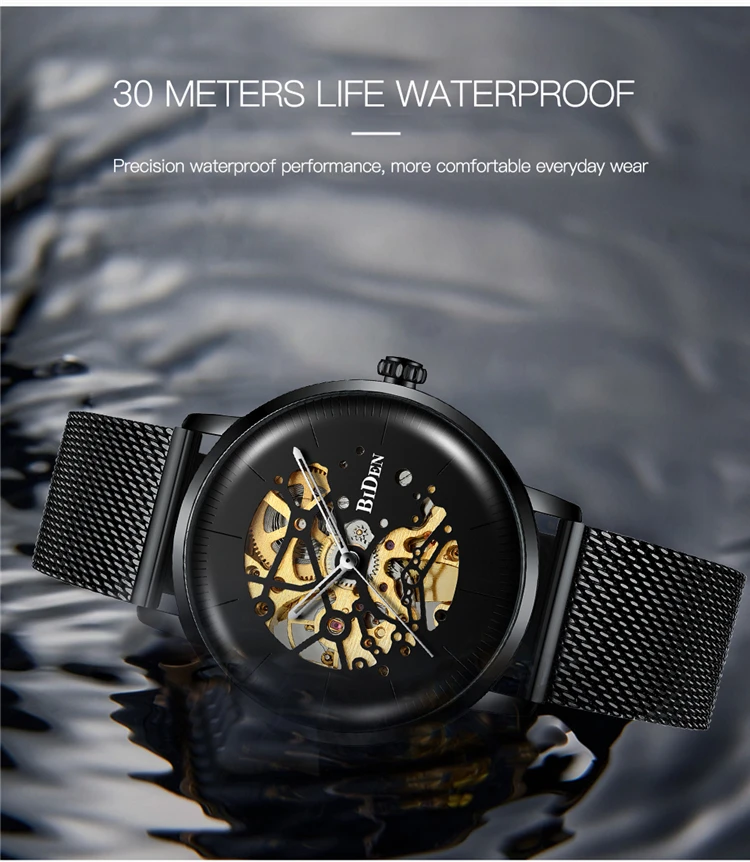 BIDEN 0052 Luxury Blue Mens Mechanical Watch 2025 Mesh Strap Hollow Dials Decoration Vintage Skeleton Automatic Wrist Watch