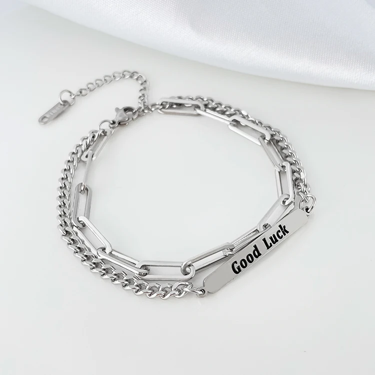 

stainless steel double layer letter good luck cuban link tarnish free bracelet