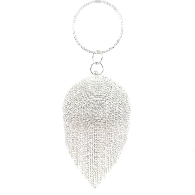 

Spherical Wedding Handbag Crystal Evening Bag Diamond Fringed Rhinestone Dinner Bag Handmade Luxury Bag, Silver