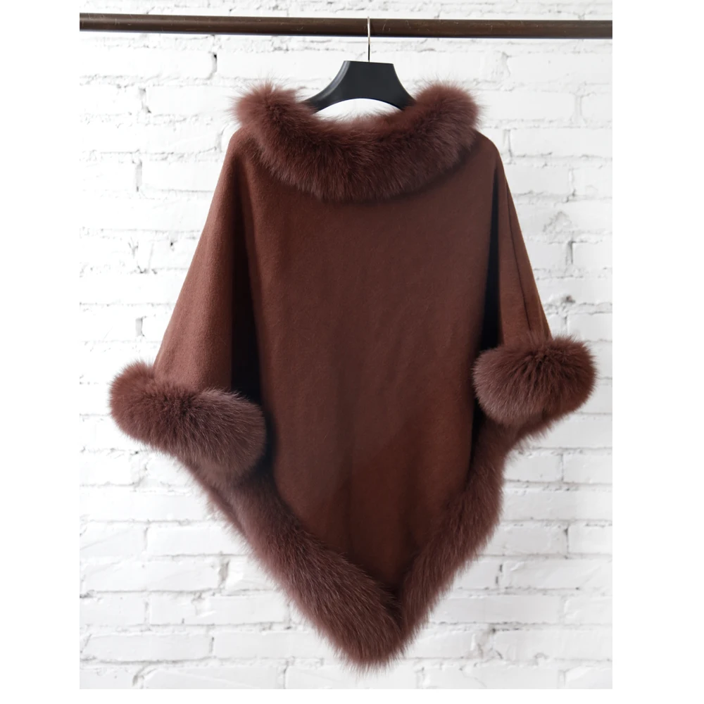

Wholesale Top Popular Ladies Poncho Two Colors O-Neck Poncho Women Winter Fur Trim Poncho Sweater, Black, brown