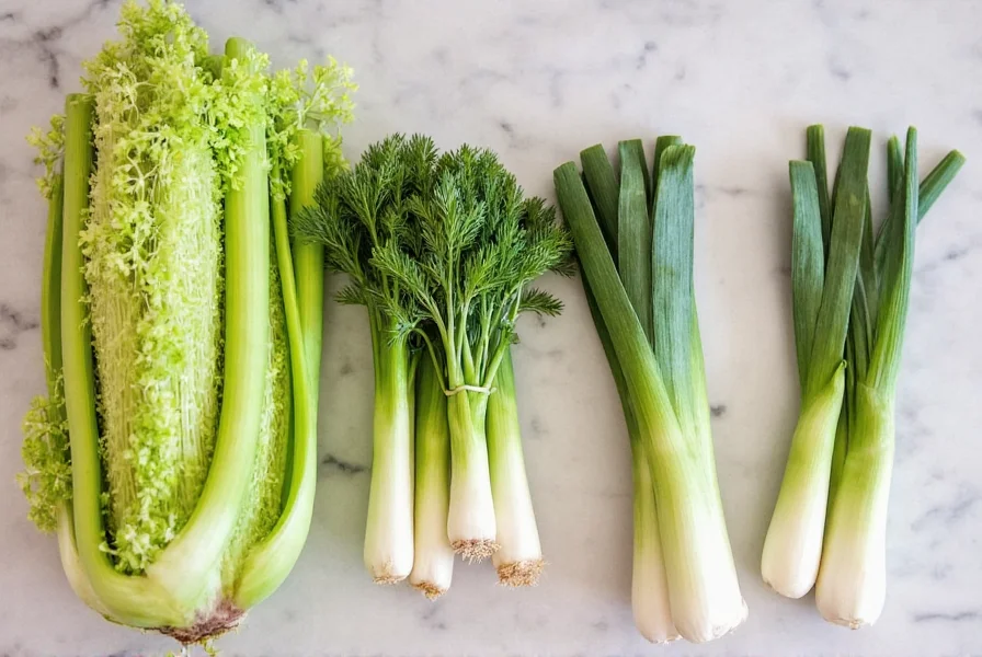 Various fennel bulb substitutes arranged on kitchen counter including celery, anise, dill, and leeks