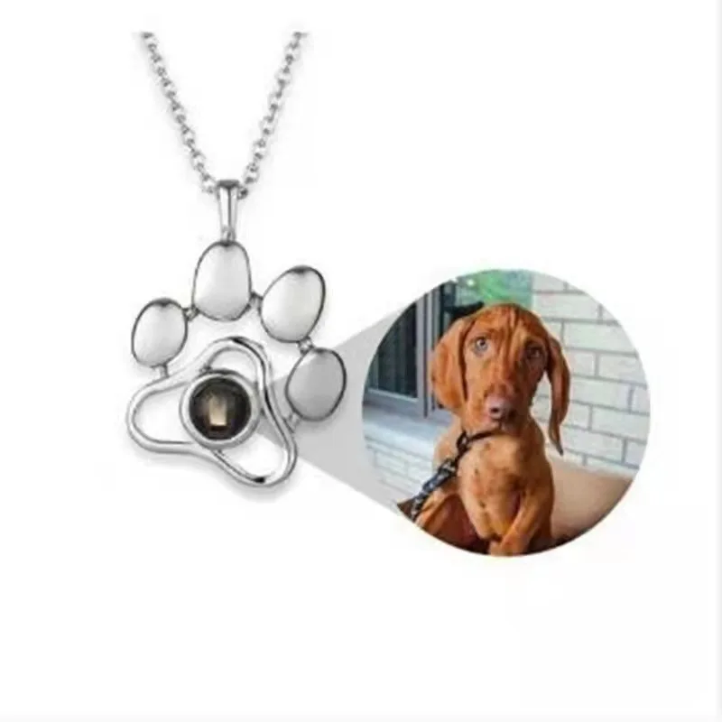 

100 Language I Love You Projection Necklace Creative 925 Sterling Silver Pet Photo Cat Dog Paw Projection Pendant Necklace, Picture shows