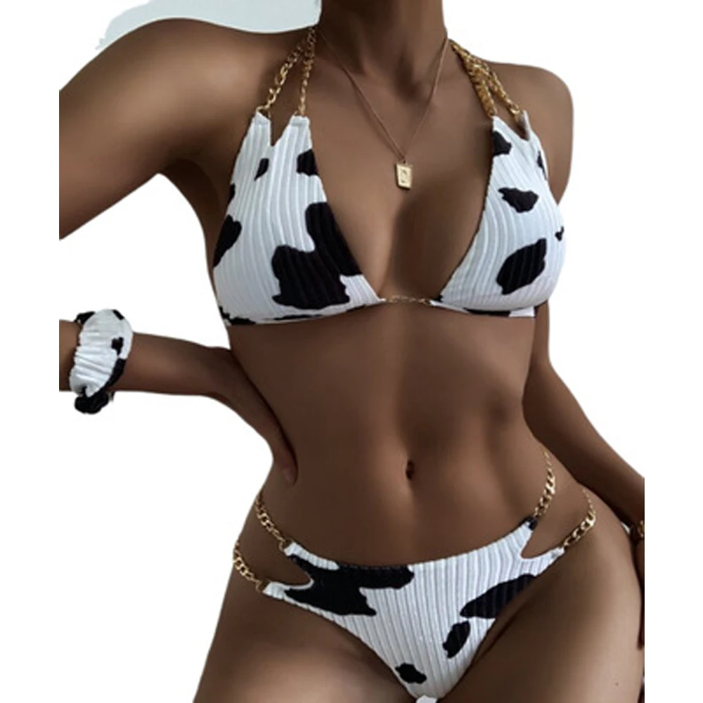 

LXX High Quality Chain Strap Cow Printing Women Two Piece Cut Thong Beach Bikini Swimwear Set, 2colors
