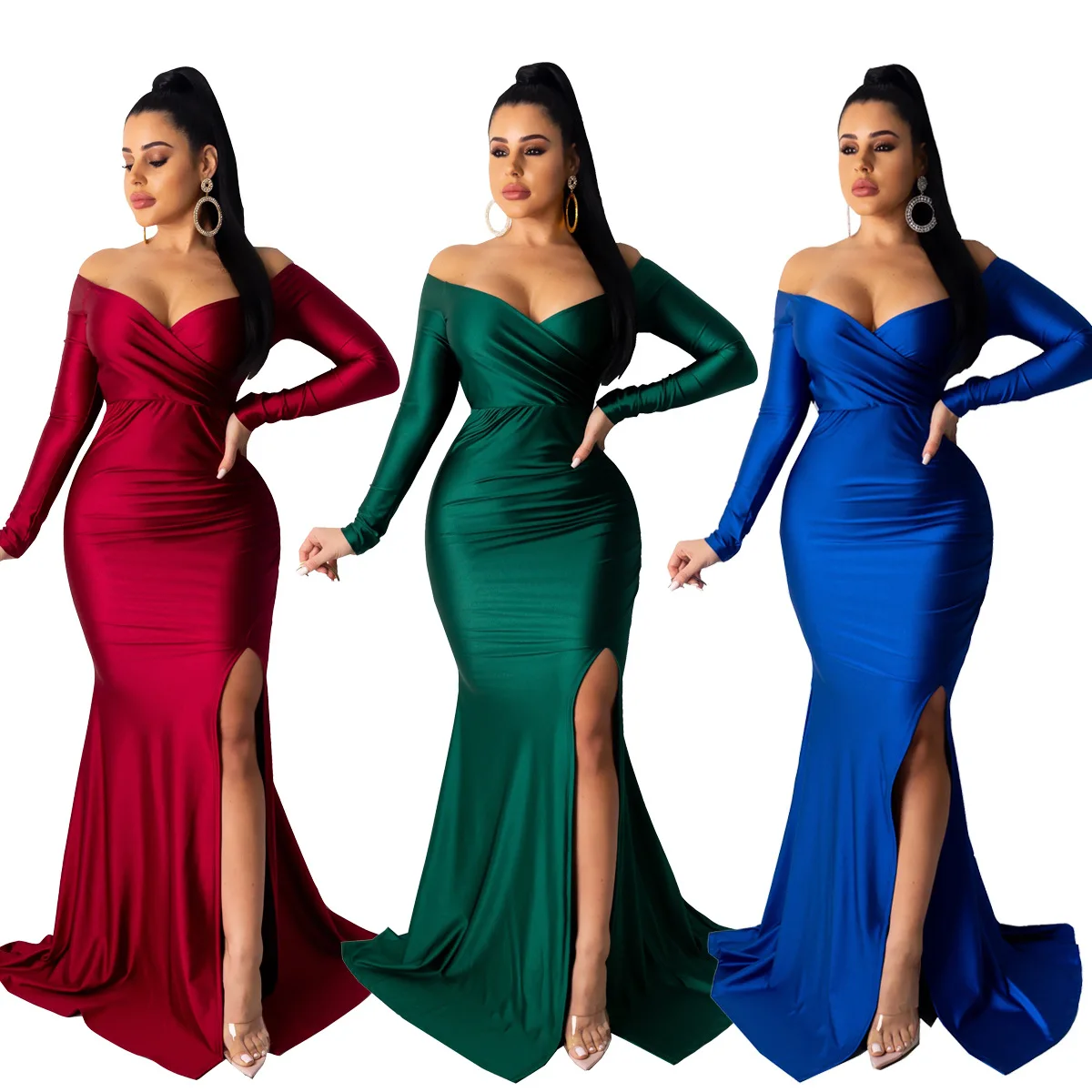 

MM143 Wholesale custom 2021 long sleeve women's sexy dress Nightclub V collar dress solid color wide slit skirt