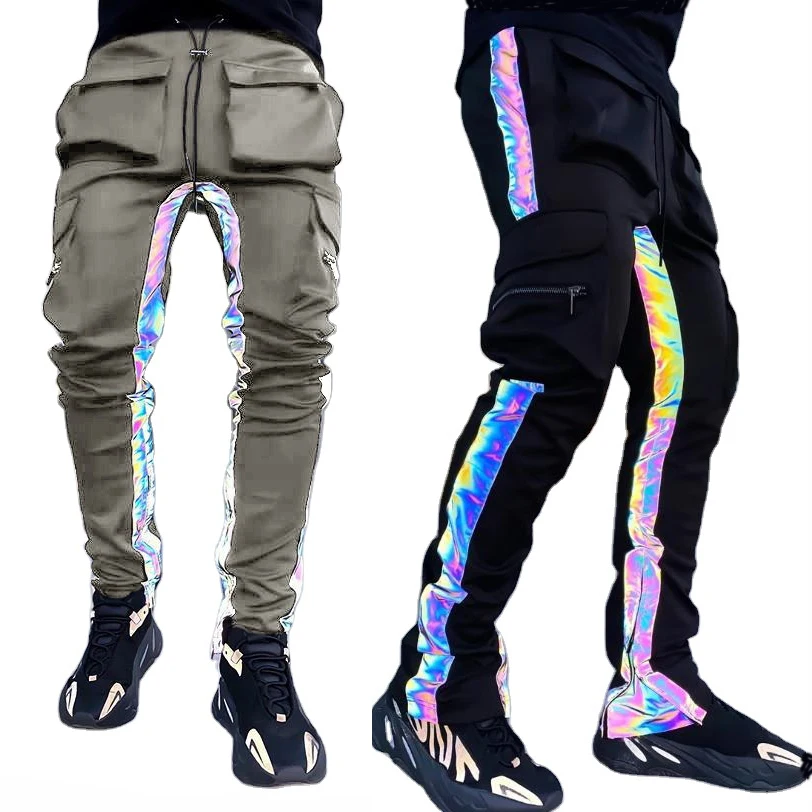 

Newest design colorful reflective trousers hip hop fashion cargo pockets men's street wear casual pants