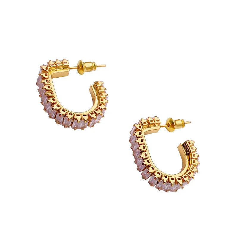

French U Shaped Micro Inlay CZ Stud Earrings 925 Silver Needle Gold Plated Brass Cubic Zirconia Horseshoe Stud Earrings Lady