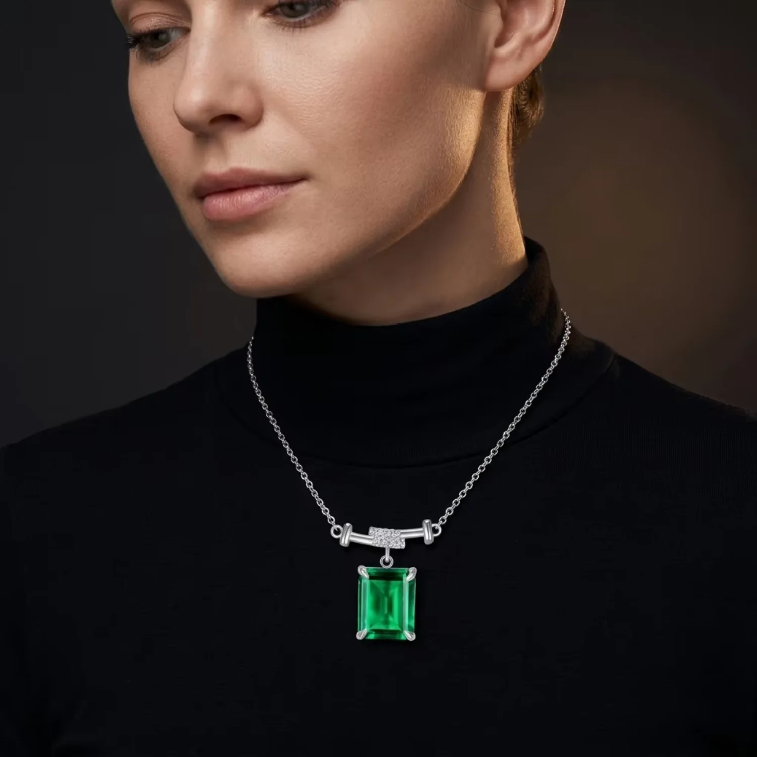 925 Silver Lab Grown Emerald Cut Green Gemstone Pendant with Lab Grown Diamond Pave Bar Luxury Gift for Women