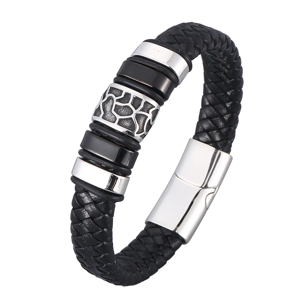 

Simple Fashion Metal Magnet Buckle Mens New Male Real Leather Bracelet, Black leather, golden/silver/black accessories,customized color