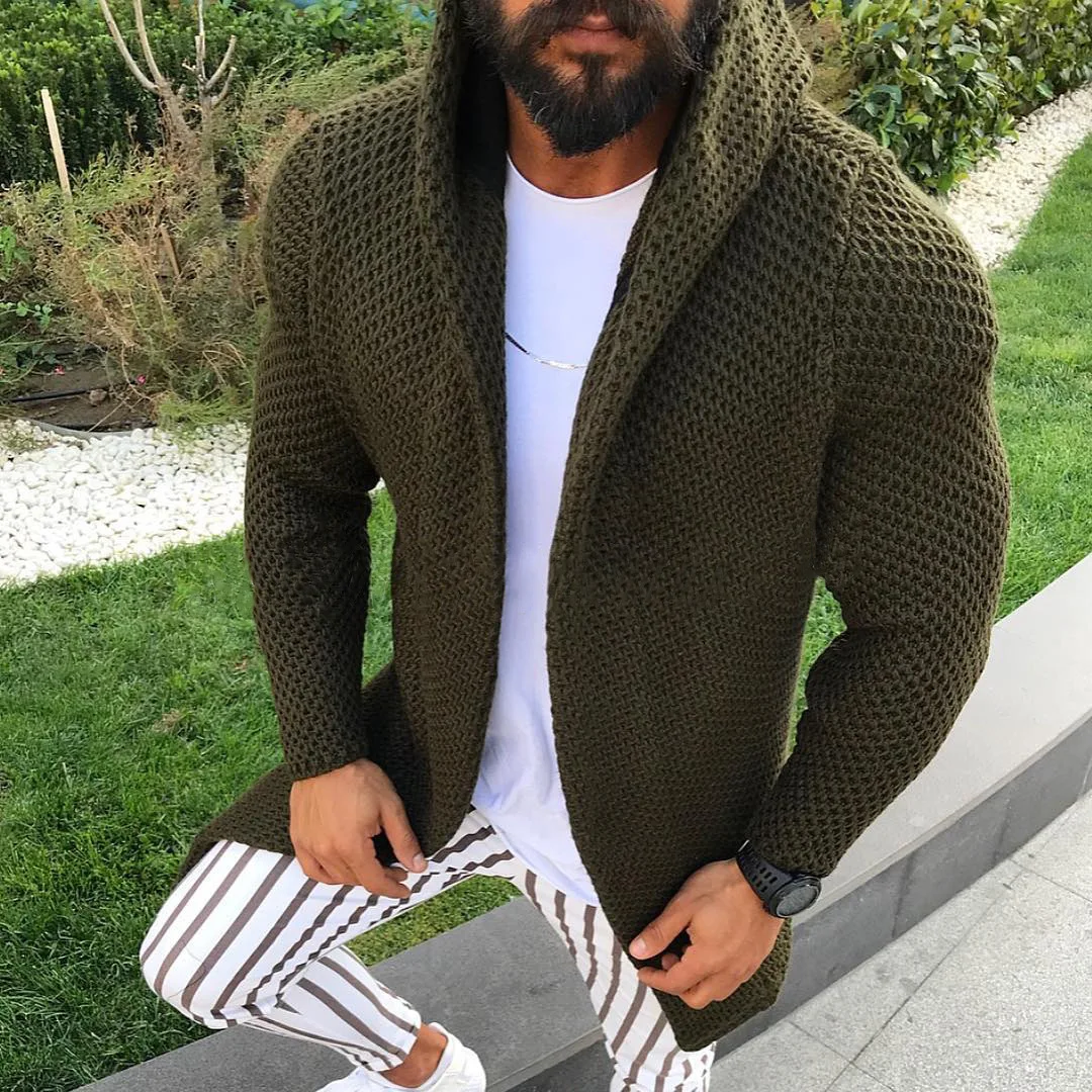 

2021 New Men's Long Hooded Cardigan Male Autumn Black Green Cardigan Coat Casual Solid Color Sweaters Outerwear