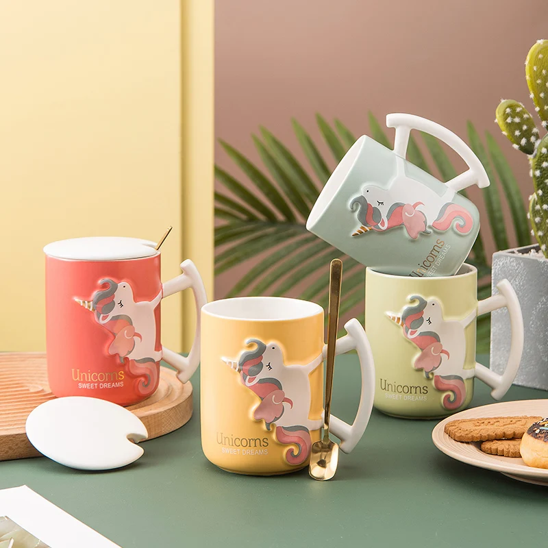 

Flypeak wholesale new design Nordic ceramic mug tazas ceramic coffee cup unicorn ceramic mug with lid and spoon, Customized color