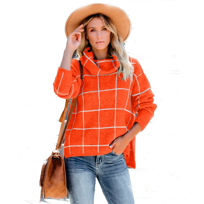 

New high collar loose pullover sweater female plaid fashion turtleneck women sweater cloth without hoodie