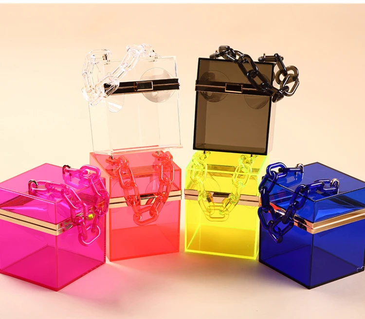 

2020 autumn new jelly bag fashionable transparent acrylic handbag dinner chain small square bag messenger bag, Customizable