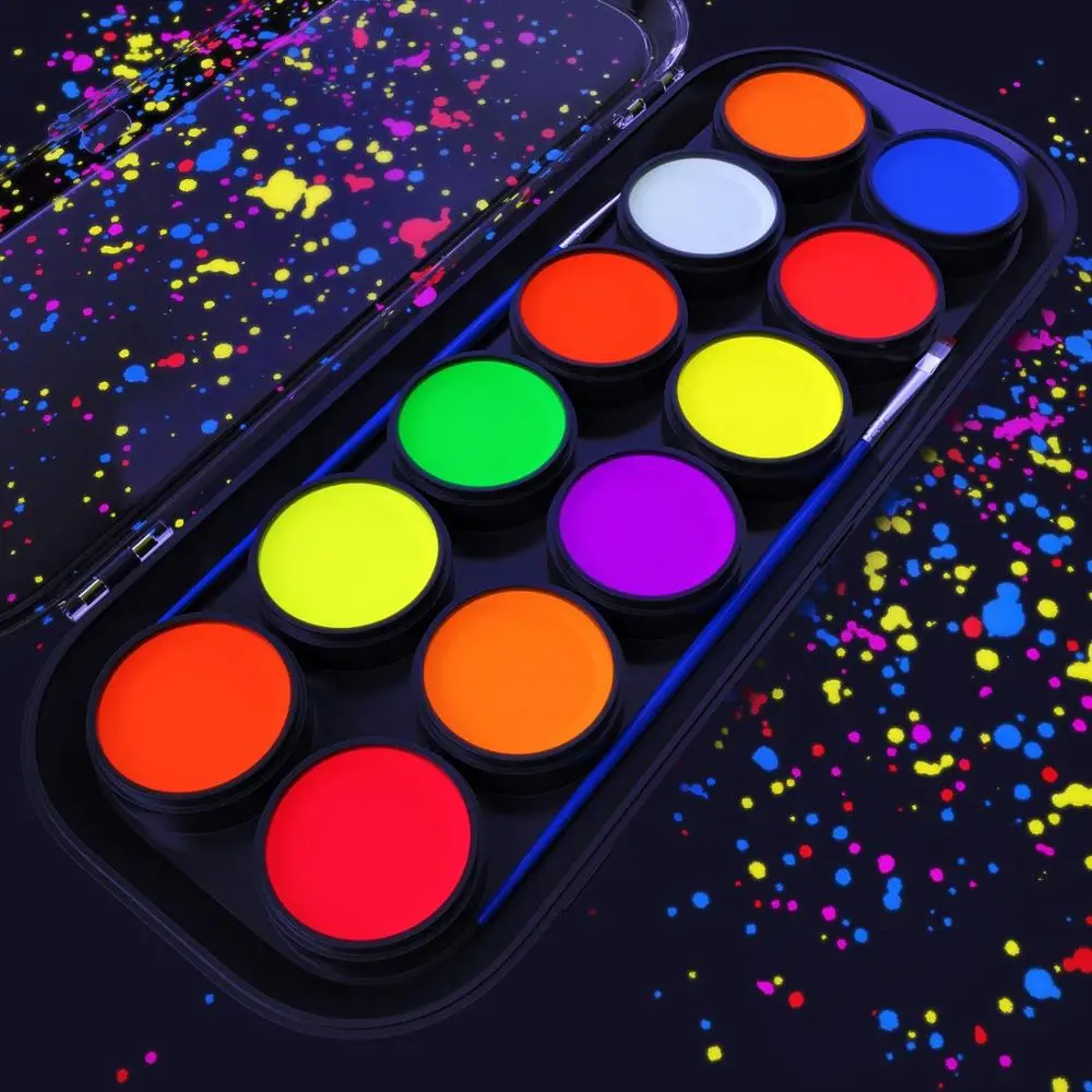 

UV Face & Body Paint Set of 12 Blacklight Reactive Colors Fluorescent Pallet of Non-Toxic Washable Face Paint, Customized