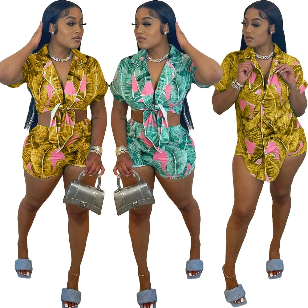 

Trendy Casual Short Sleeve and Shorts Set Sexy Print Plus Size 2 Piece Set Outfits Summer 2022 Blouse and Shorts Set For Women