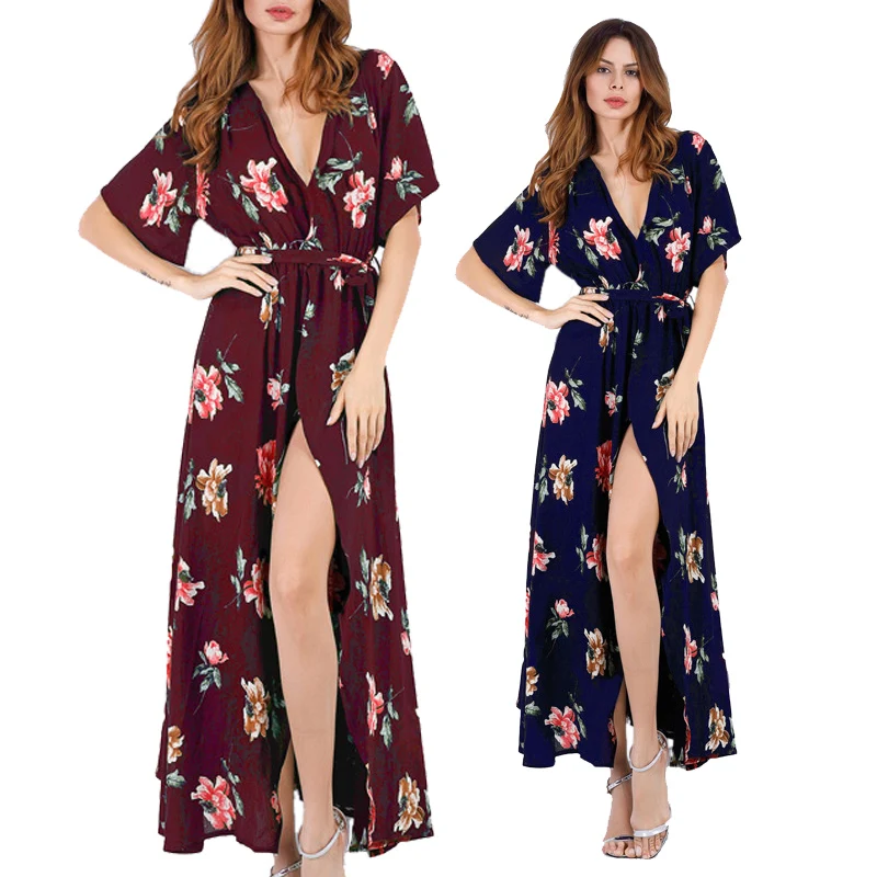 

Women Clothing Hot Selling Summer Floral Print Casual Maxi Long Dress V Neck Sexy Wrap Dresses Womens, Shown,or customized color,provide color swatches