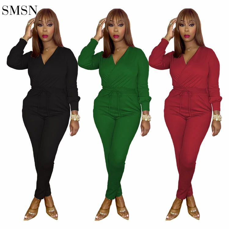 

Fashionable Solid Color V Neck Jumpsuit Long Sleeve Bodysuit Jumpsuits Elegant Women Sexy Women One Piece Jumpsuits