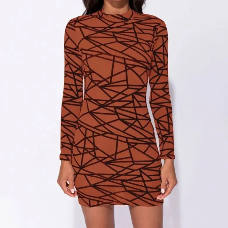 

Factory direct women long sleeve dress 2021 newest o neck sexy girl see through club mesh dress, Brown,khaki