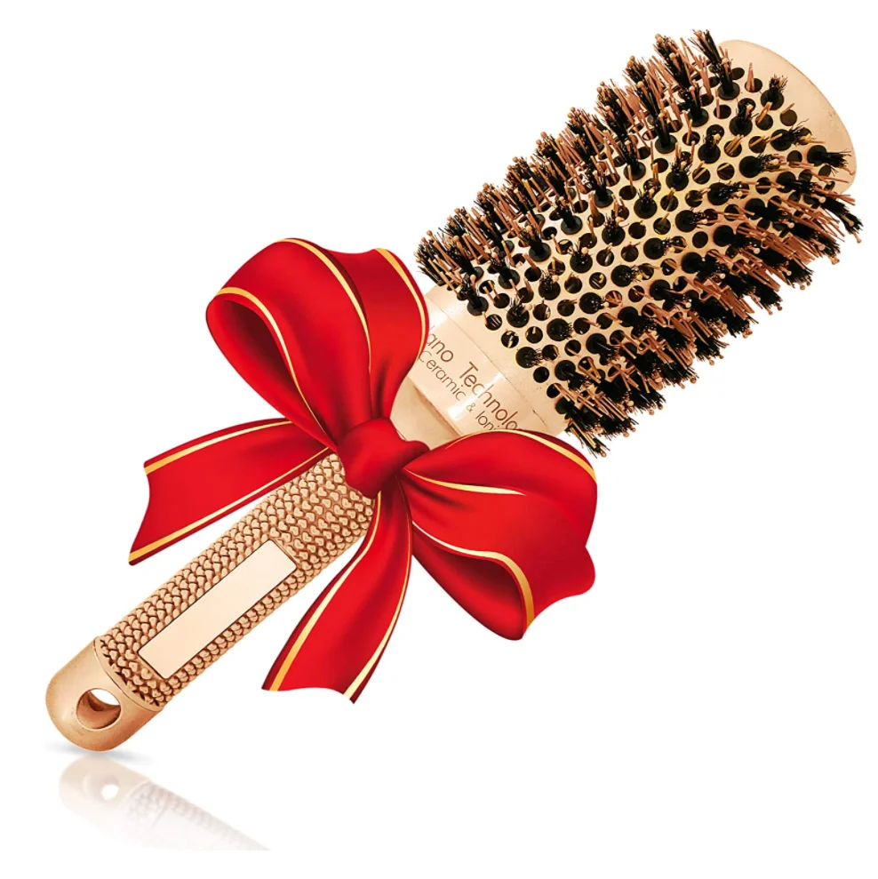 

Round Hair Brush with Natural Wild Boar Bristles for Blow Drying Straightening Styling with Shine and Volume Hairdressing Salon