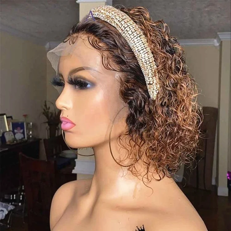 

Ombre Brown Color Curly Pre-plucked Natural Hairline Brazilian Virgin Human Hair Lace Front Wigs