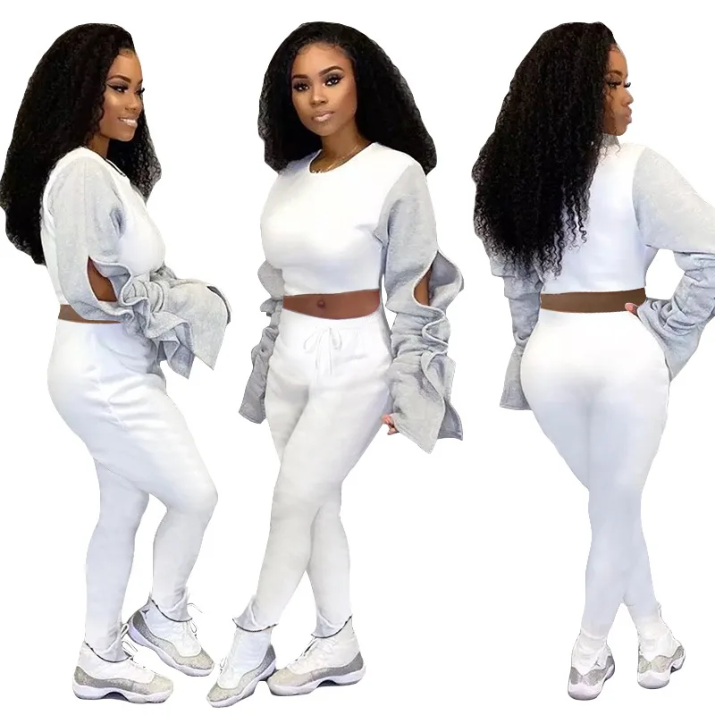 

winter casual crop top jogging cropped cotton white woman two piece workout pants set, Picture