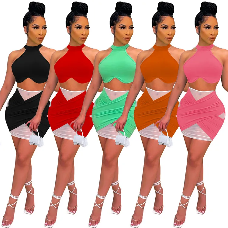 

Wholesale Items Two Piece Set Women Top and Skirts Hollow Out Mesh Patchwork Sexy Women's Set Summer Party Club Skirt Suits 2021, As picture