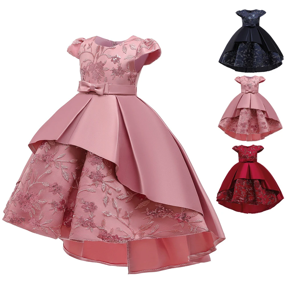 

FSMKTZ New Product Kids Frock Bowknot Design Satin Princess Party Dress Flower Girl Wedding Trailing Gown For Kids T5170, Red,navy blue,pink,champagne
