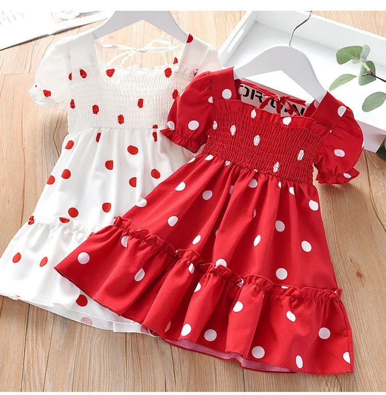 

Wholesale Kids Dresses Girl Short Sleeve Square Collar Ruffle Dress with Dot Pattern Children Summer Dress Princess Party Frock, White/red