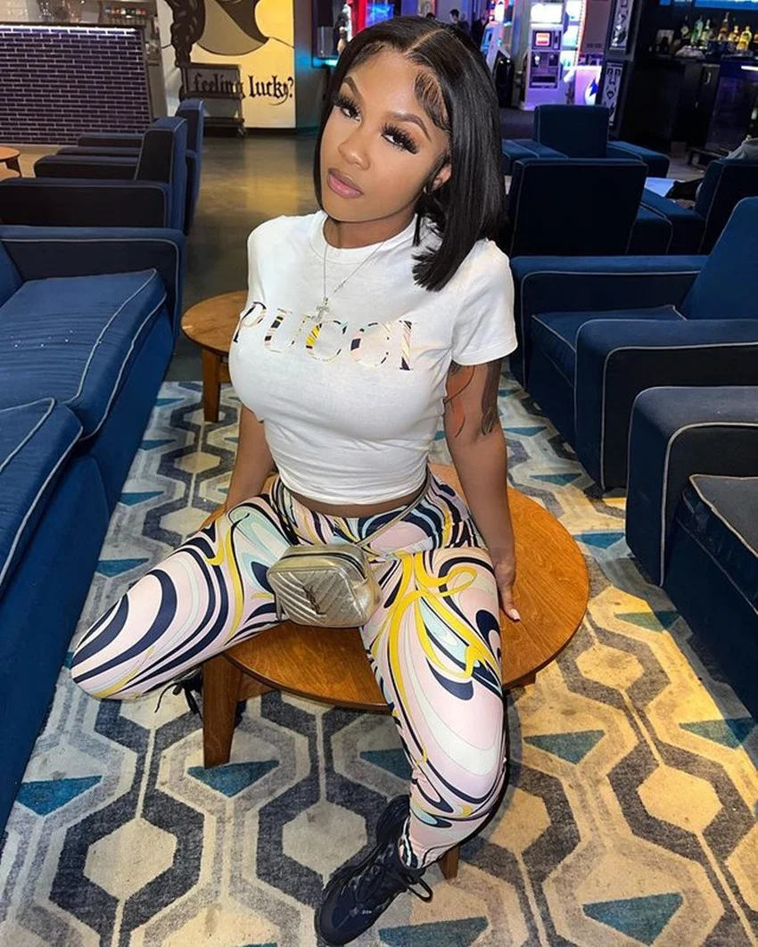 

Women's luxury clothing 2022 offset printing print slim short sleeve pants trousers two piece sets leisure women's matching sets