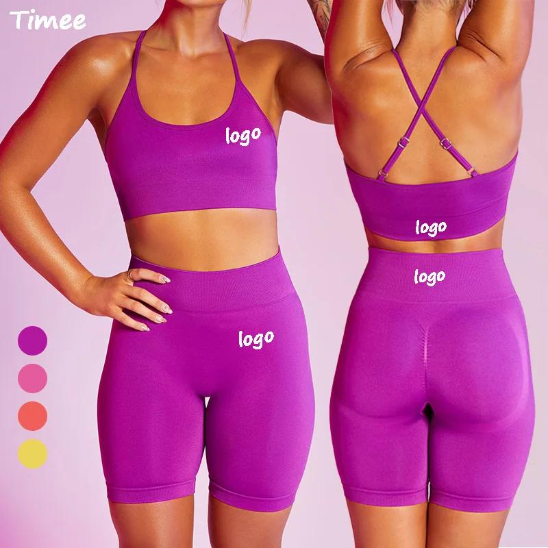 

High quality dropshipping seamless womens bike short scrunch bum and bra set gym activewear