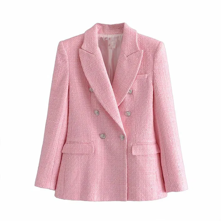 

Ladies suits 2021 spring new pink lapel long sleeves long style all-match casual fashion chic double-breasted texture blazer